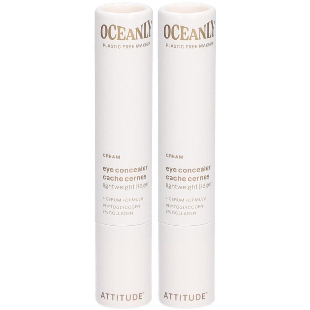 Deux tubes blancs avec inscriptions "OCEANLY PLASTIC FREE MAKEUP" et "ATTITUDE". "eye concealer cache cernes" est visible.