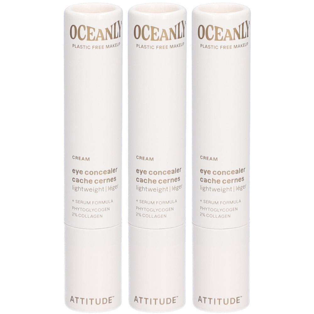 Trois tubes blancs de cache-cernes pour les yeux, marque Attitude, modèle Oceanly.