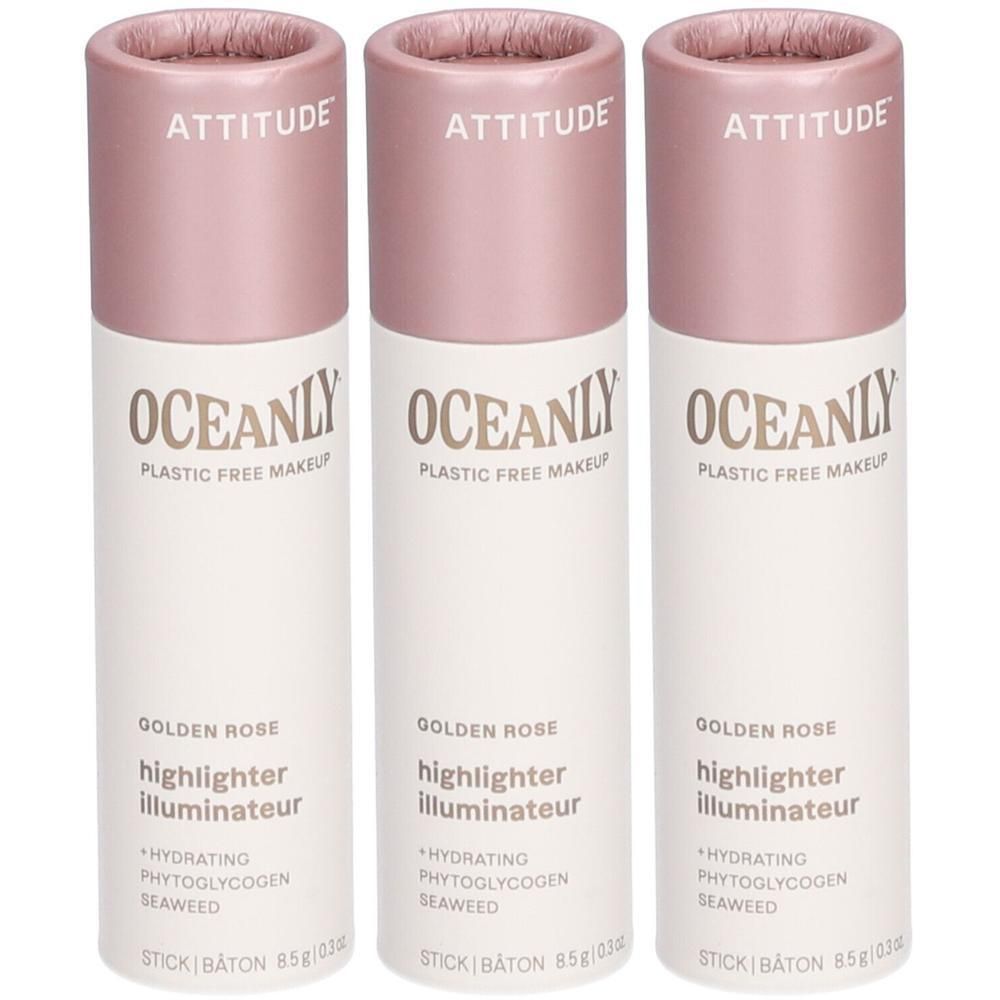Drie goudroze highlighter sticks met opschrift "ATTITUDE" en "OCEANLY".