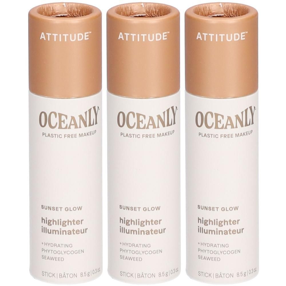 Drie "Sunset Glow" highlighter sticks van Attitude Oceanly. "Plastic Free Makeup".