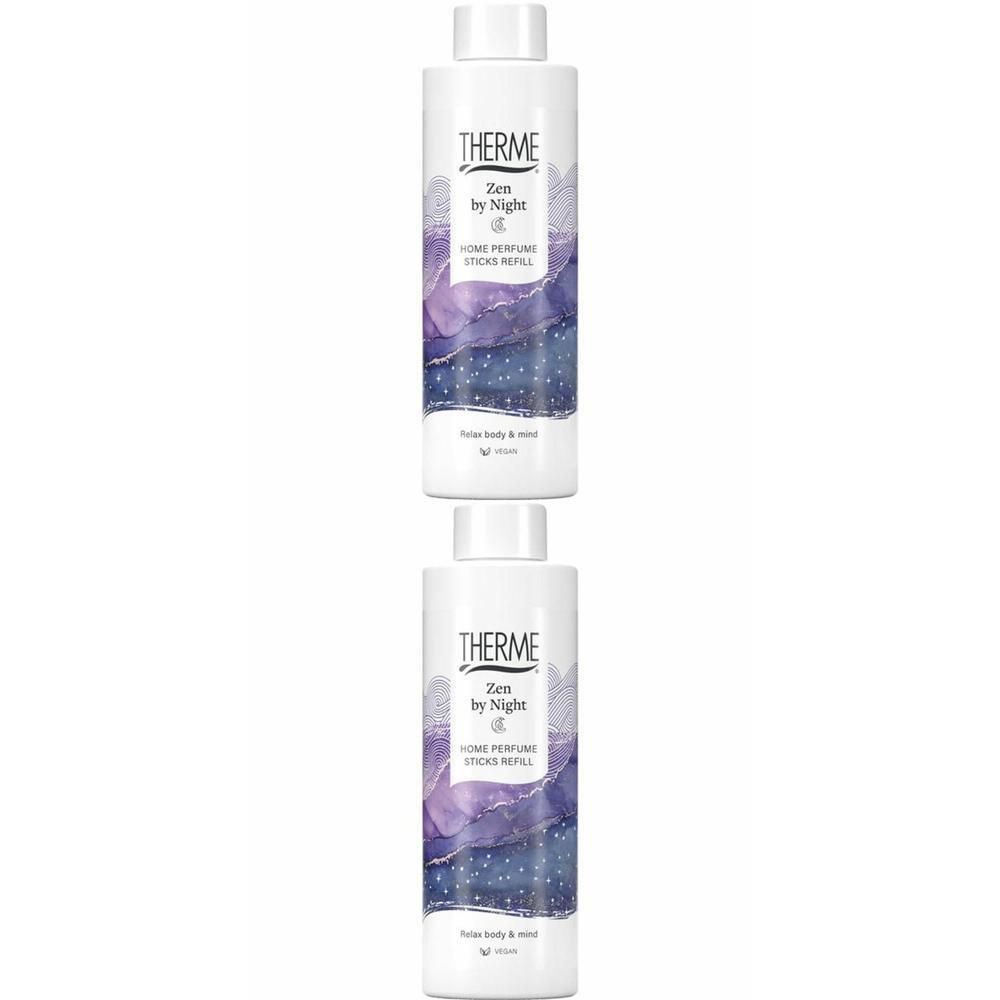 Twee flessen Therme Zen by Night Home Parfum Sticks navulling met paars en blauw marmerpatroon.