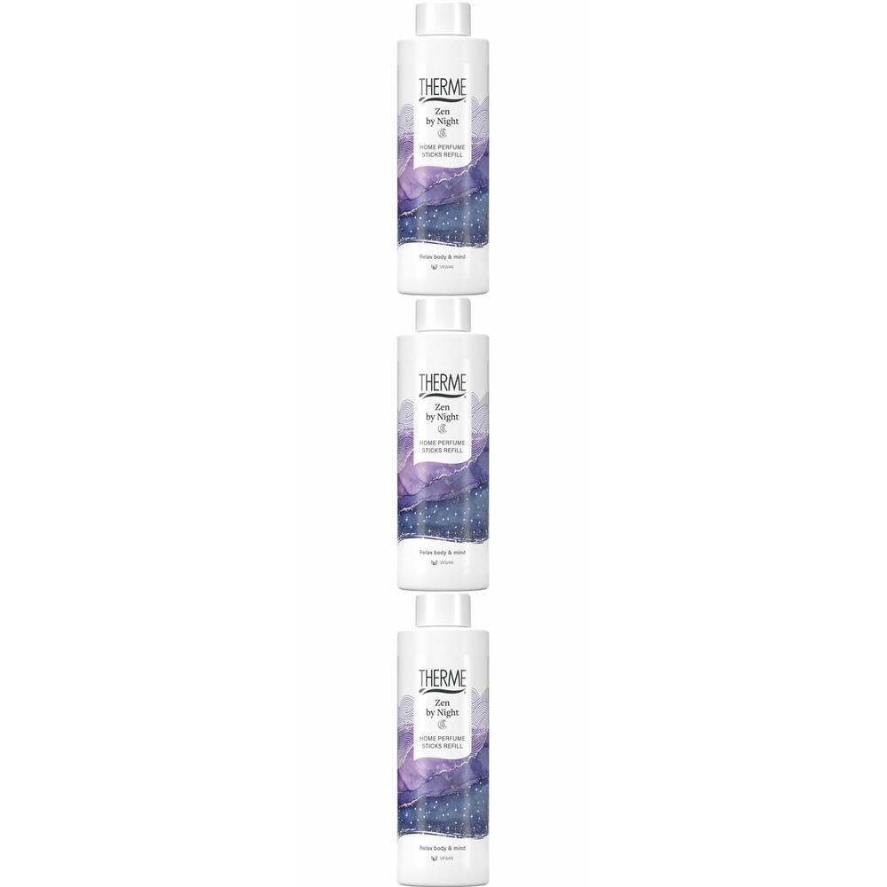 Trois flacons blancs avec un design lavande et violet. Recharge parfumée Therme Zen by Night.