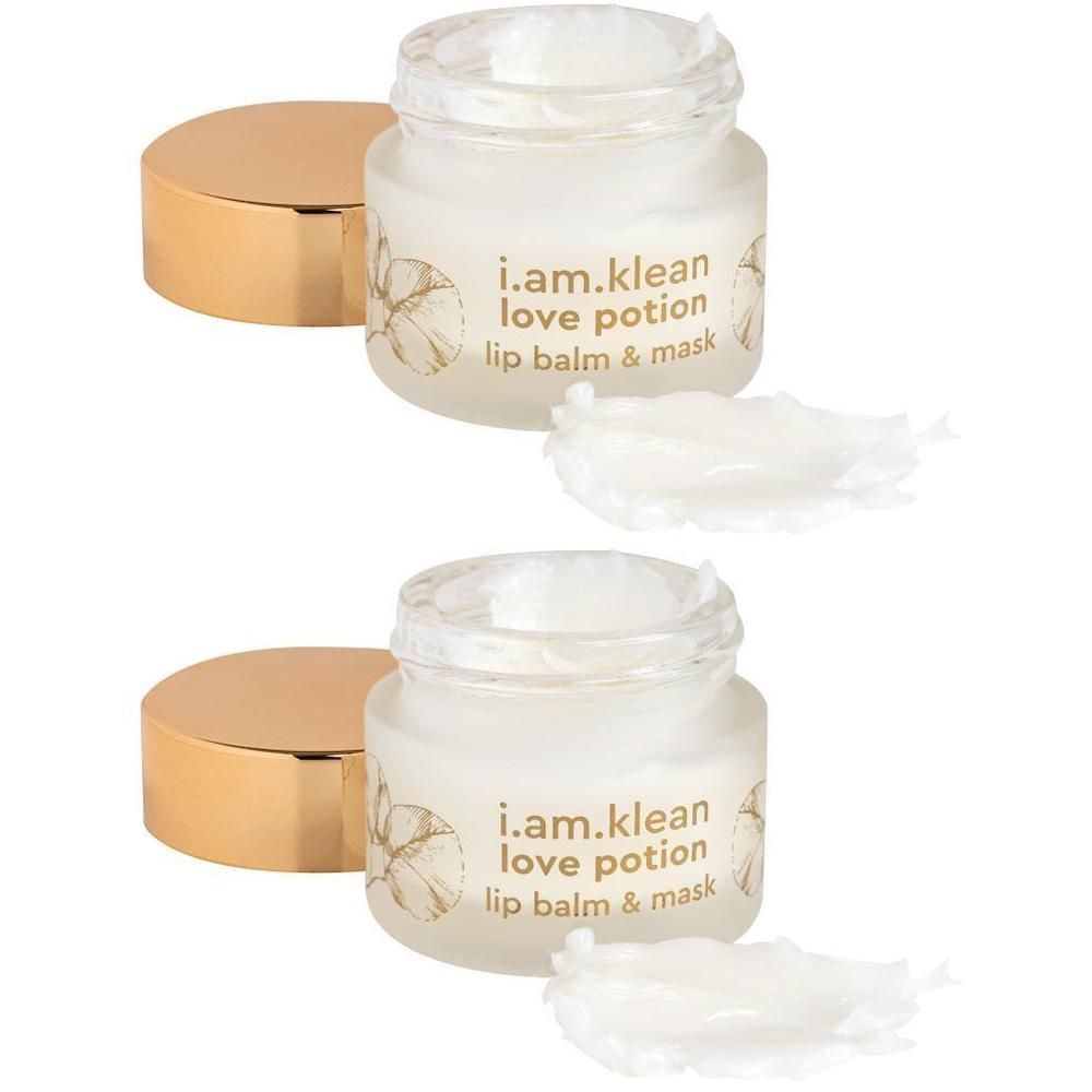 Twee i.am.klean Love Potion lippenbalsem & masker in potjes met gouden deksels.