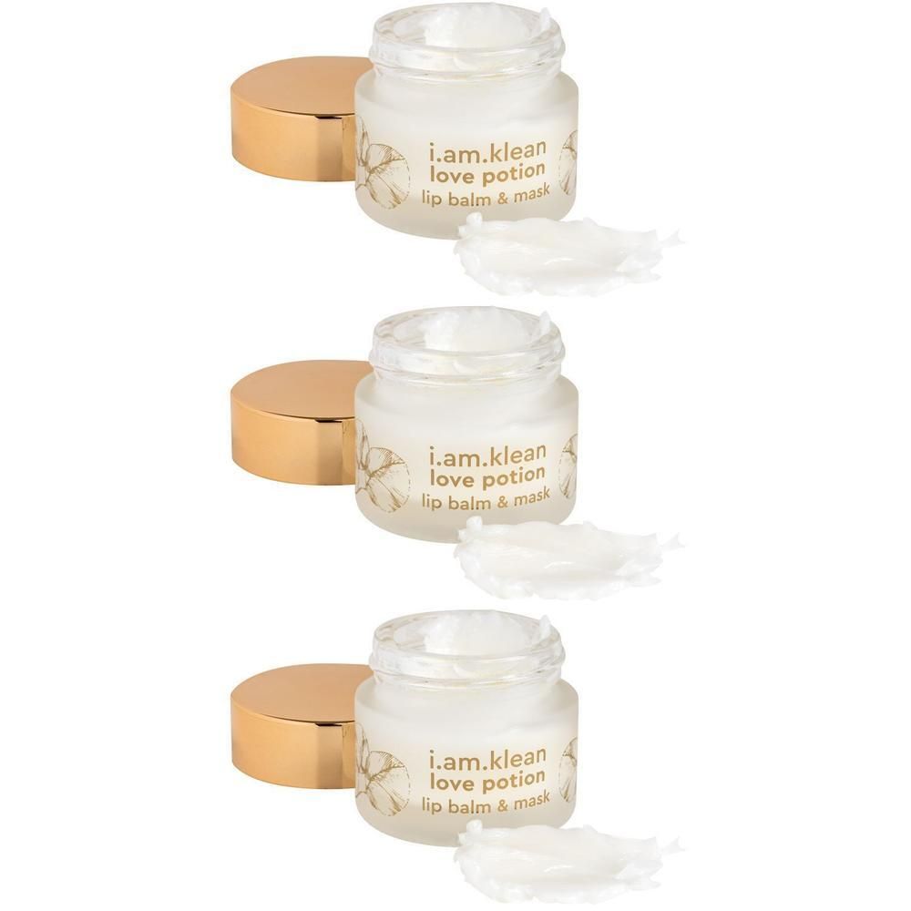 Trois petits pots de baume à lèvres & masque i.am.klean Love Potion, couvercles dorés.