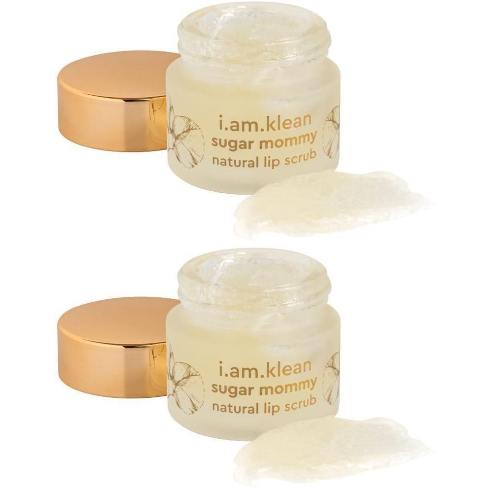 Twee kleine potjes i.am.klean Sugar Mommy natuurlijk lipscrub. Gouden deksels ernaast.