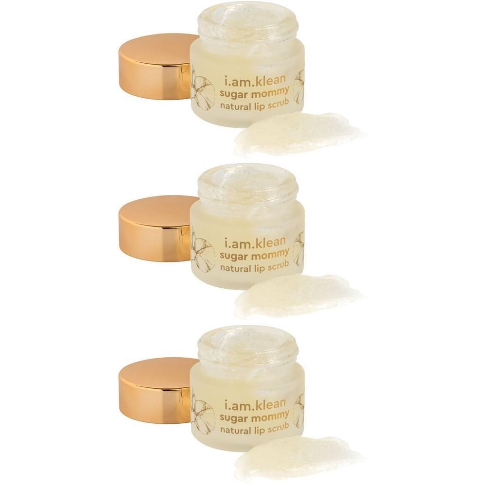 Trois petits pots de gommage naturel pour les lèvres i.am.klean Sugar Mommy. Bouchons dorés retirés.