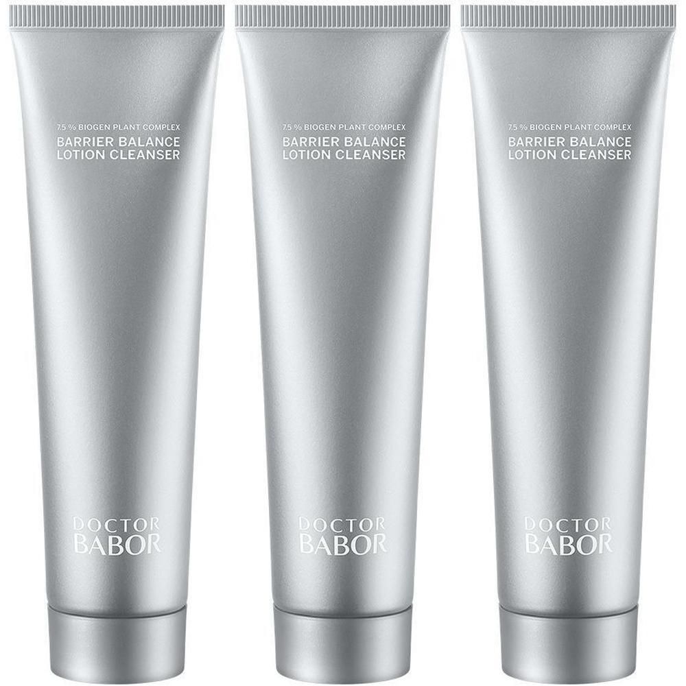 Trois tubes argentés de Doctor Babor Lotion Nettoyante Équilibrante pour la Barrière.