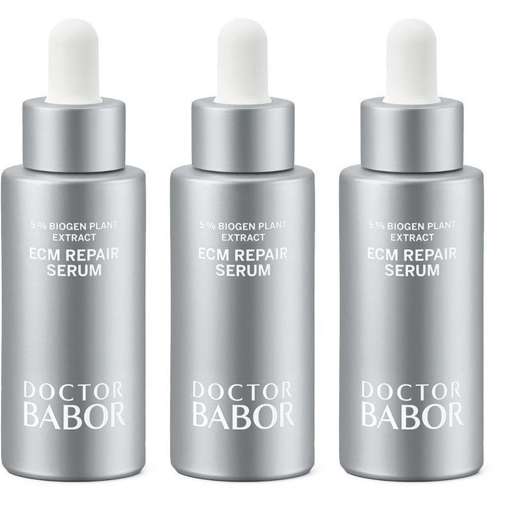 Drie zilverkleurige flacons Doctor Babor ECM Repair Serum met druppelaars.