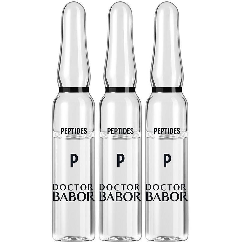 Drie glazen ampullen met peptiden en de tekst "Doctor Babor".