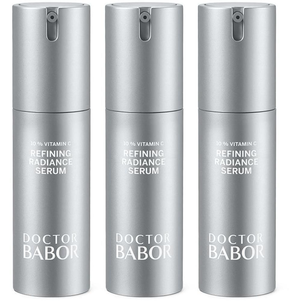 Trois flacons argentés de Doctor Babor Refining Radiance Serum à 10% de vitamine C.