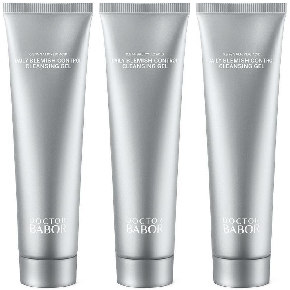 Trois tubes argentés de Gel Nettoyant Anti-Imperfections Doctor Babor.