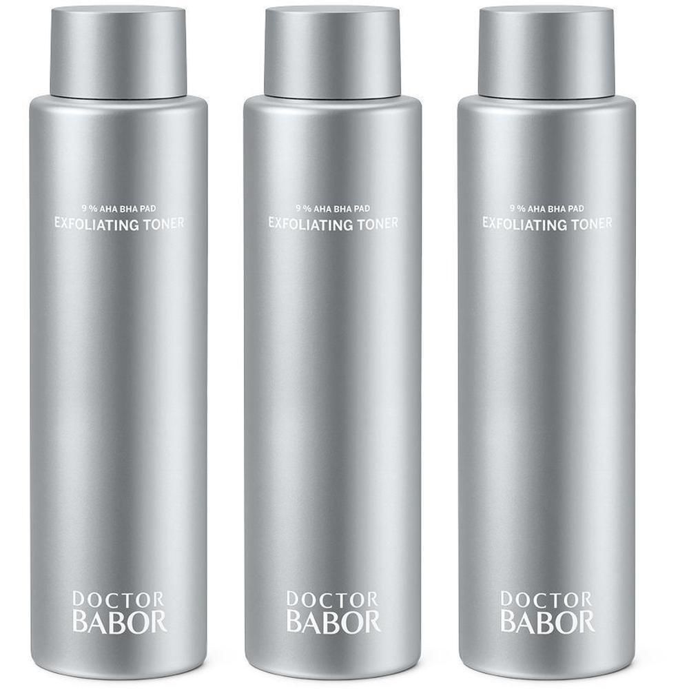 Trois flacons argentés Doctor Babor Exfoliating Toner avec 9% AHA BHA Pad.