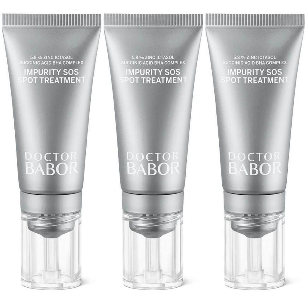 Trois tubes de Doctor Babor SOS Spot Treatment avec applicateur transparent.
