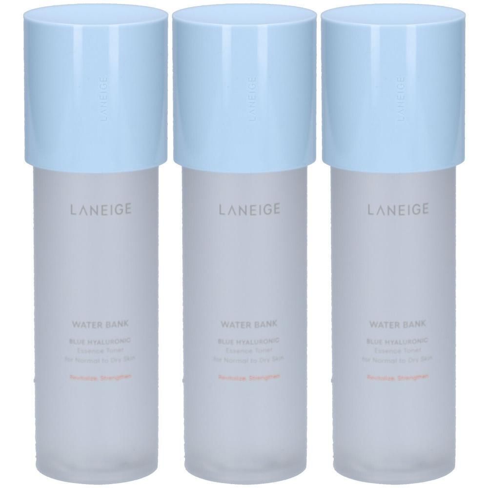 Drie flessen Laniege Water Bank Blue Hyaluronic Essence Toner voor normale tot droge huid.