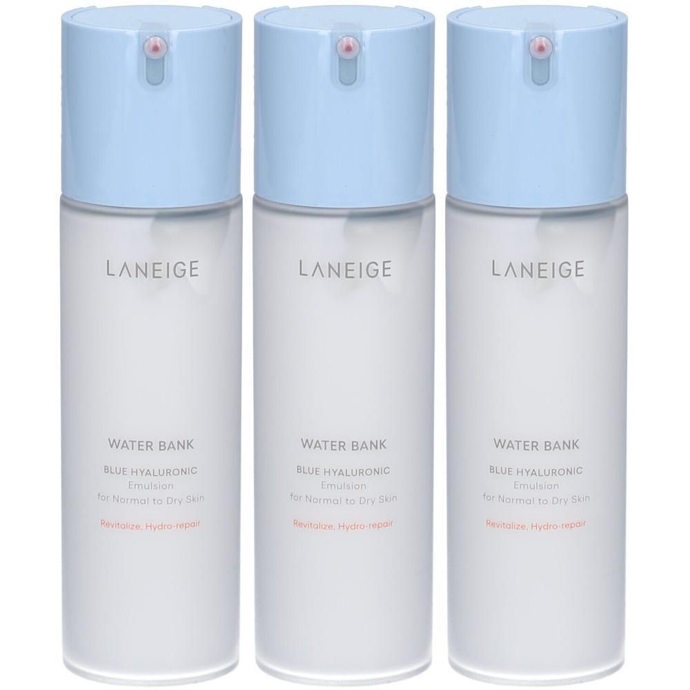 Trois flacons d'émulsion LANEIGE Water Bank Blue Hyaluronic pour peaux normales à sèches.