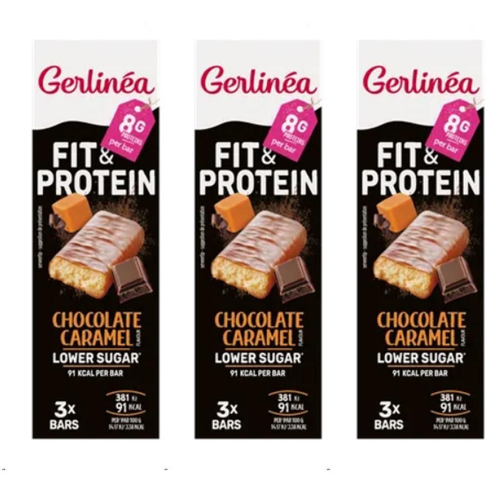 Trois barres Gerlinéa Fit & Protein Chocolat Caramel, 91 kcal et 8g de protéines par barre.