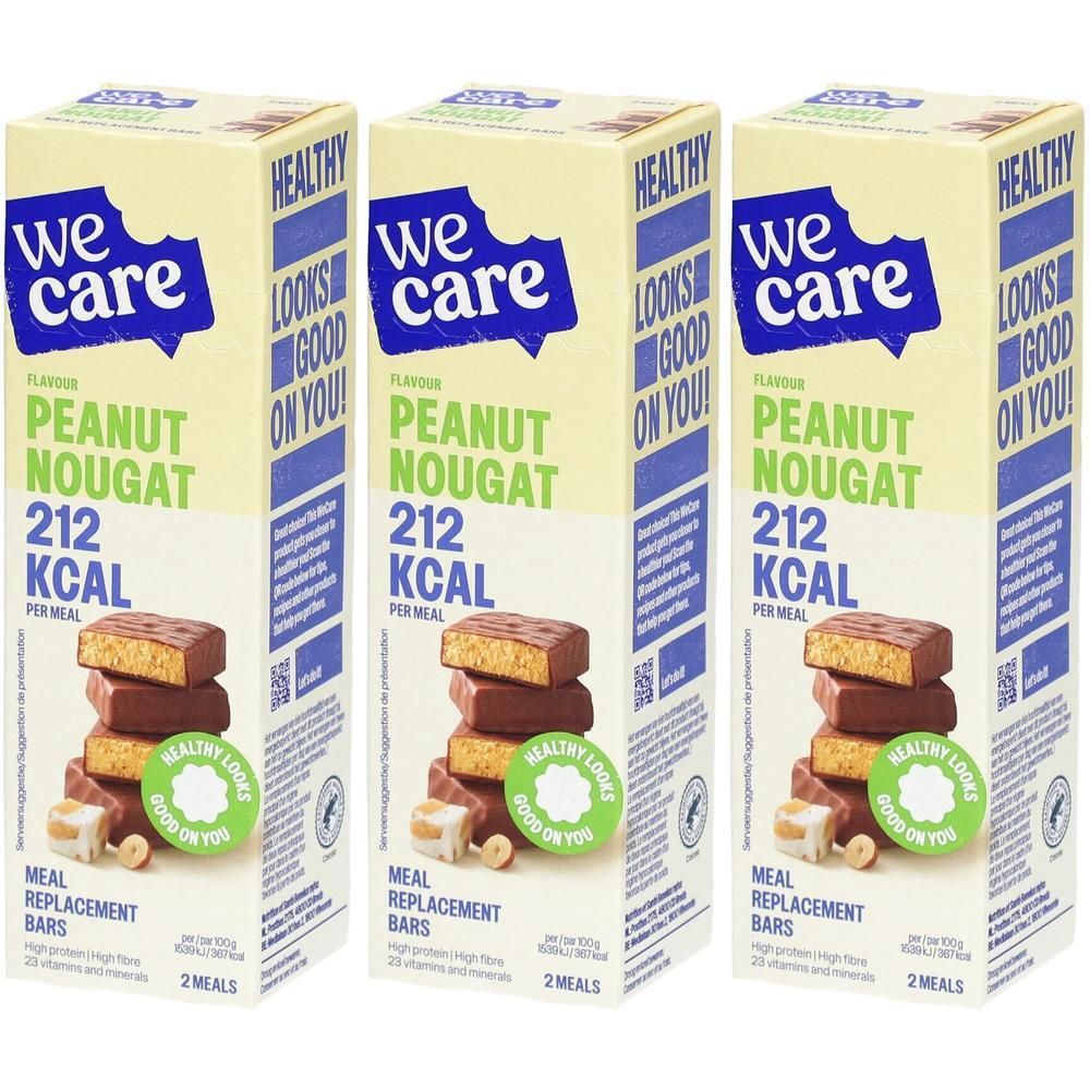 Trois paquets de barres repas We Care saveur nougat cacahuète, 212 kcal par repas.