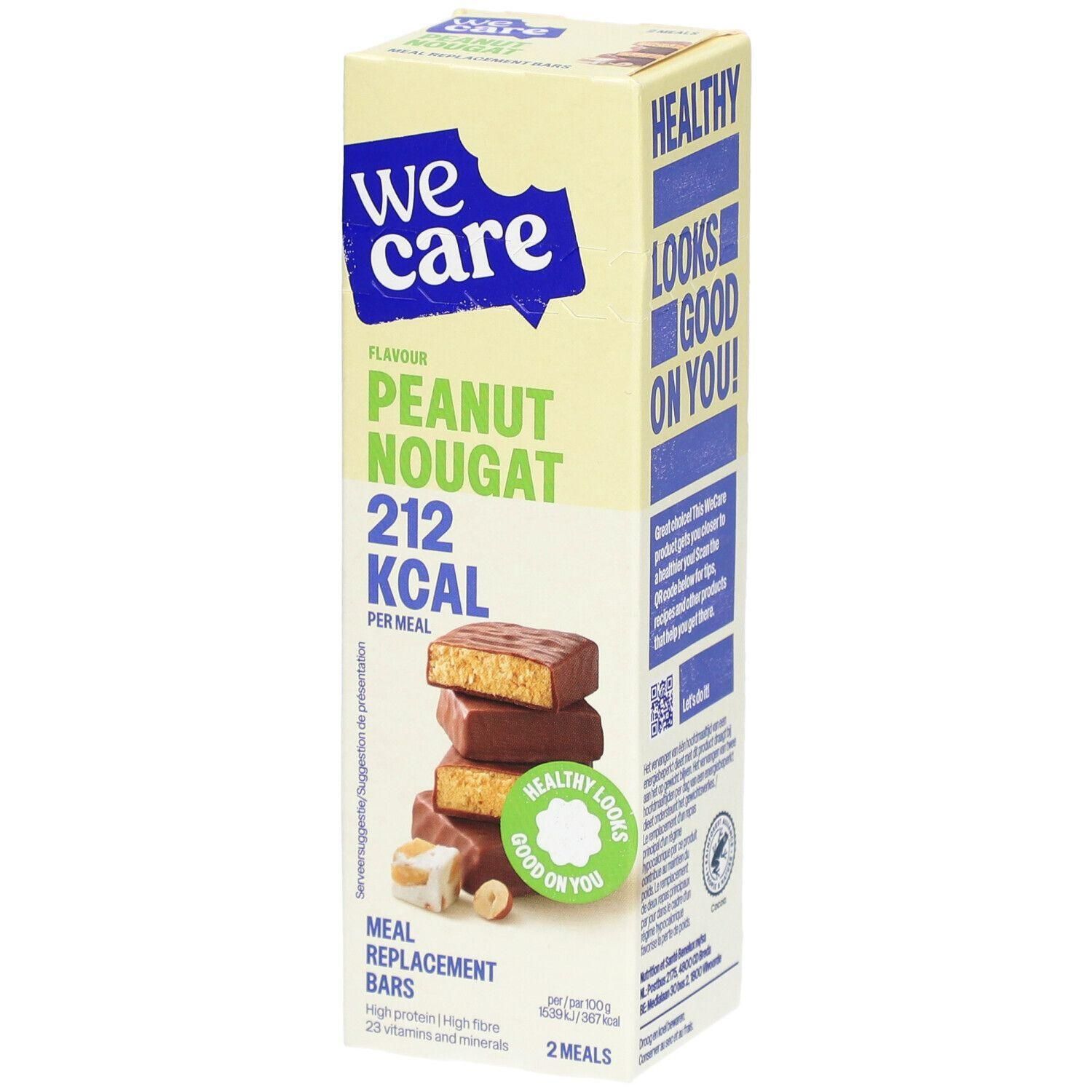 We Care Peanut Nougat maaltijdvervangende repen, 2 repen per doos, 212 kcal per maaltijd.