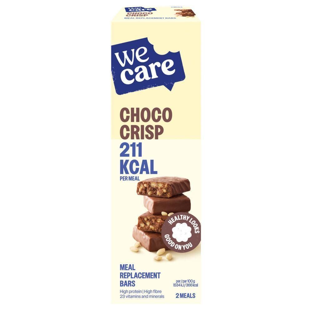 We Care Choco Crisp maaltijdvervangende repen: 211 kcal per maaltijd, hoog eiwitgehalte, 2 maaltijden.