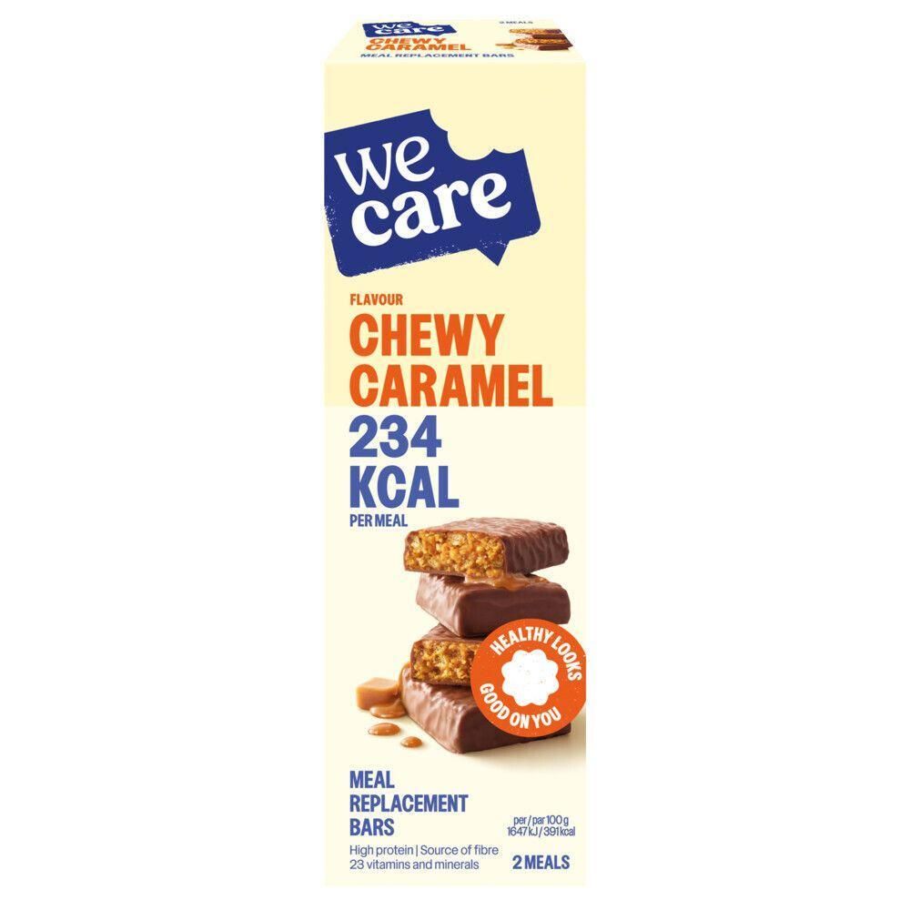 Barres substitut de repas We Care, saveur caramel, 234 kcal par barre.