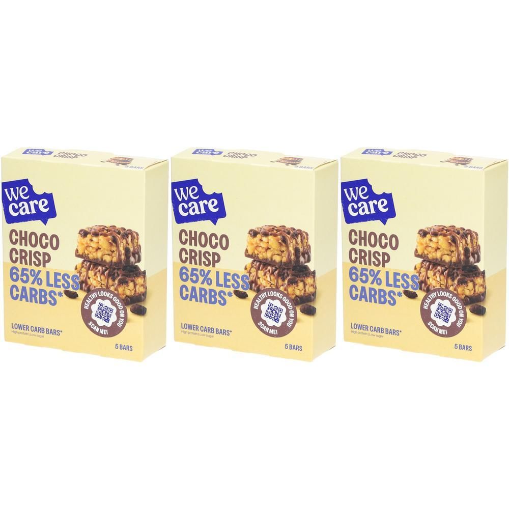 Drie pakken We Care Choco Crisp repen met 65% minder koolhydraten.