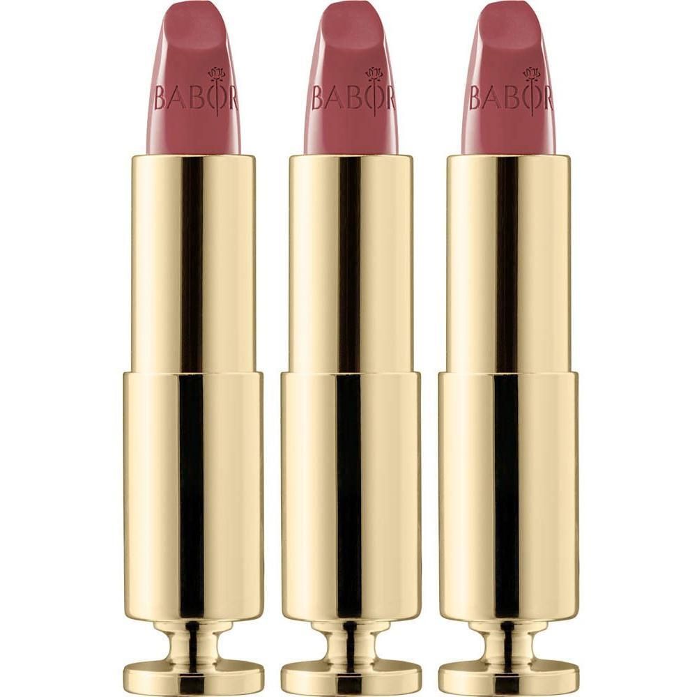 Drie Babor lippenstiften in gouden huls, kleur Nude Rose.