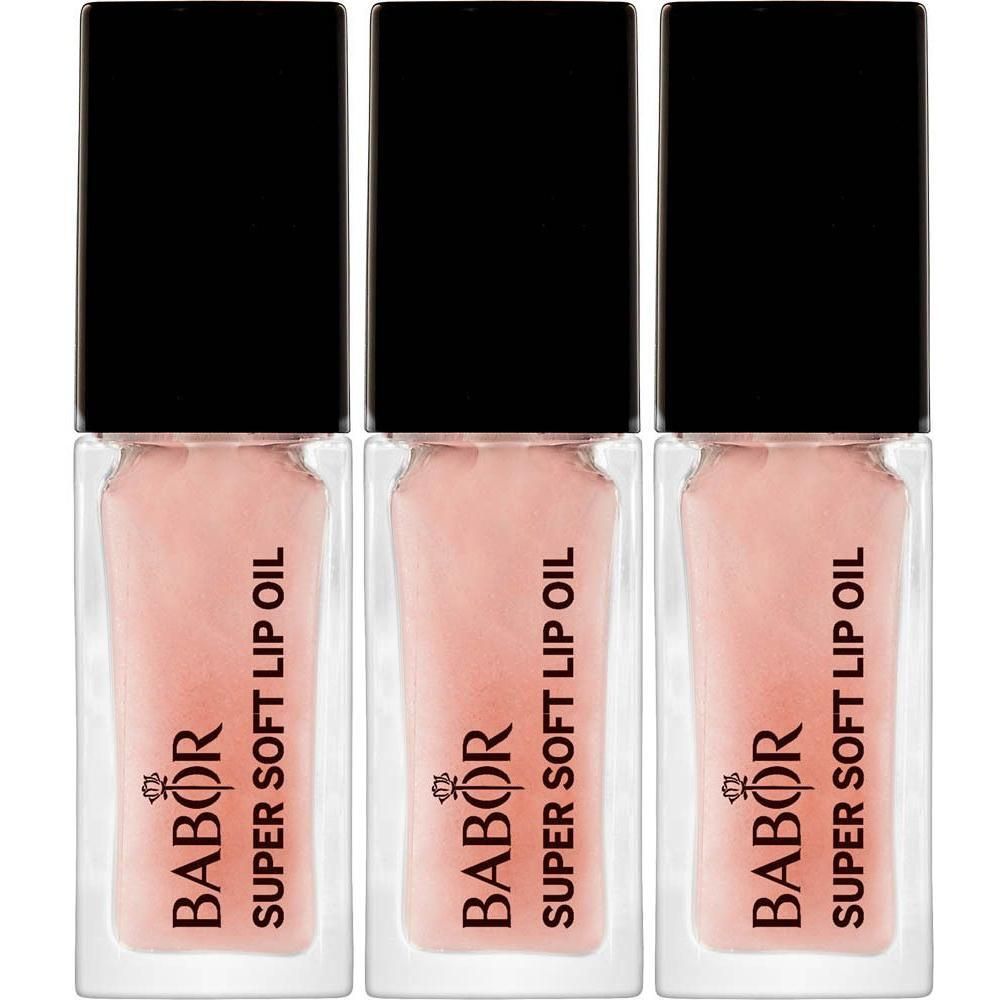 Trois flacons d'huile à lèvres Babor Super Soft Lip Oil, couleur rose.