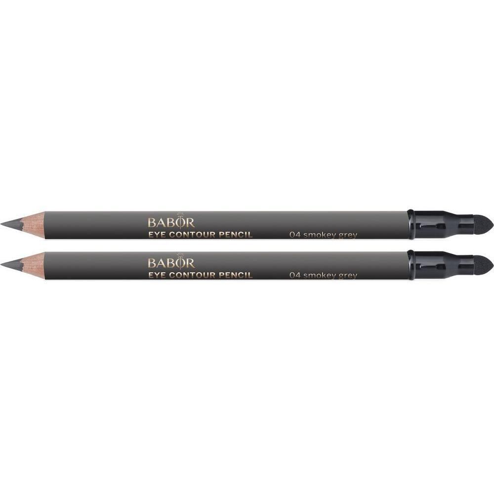 Deux crayons contour des yeux gris avec inscription argentée et applicateur noir.