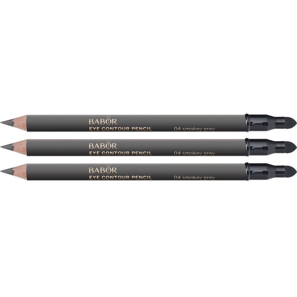 Trois crayons Babor Eye Contour en gris fumé. Crayon gris avec capuchon noir et écriture argentée.