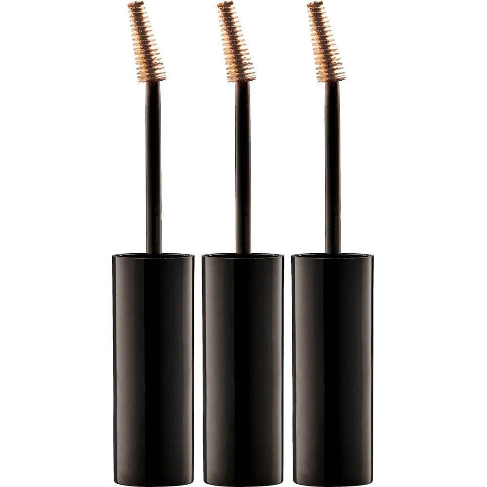 Trois applicateurs de mascara pour sourcils, tiges noires et brosses brunes.