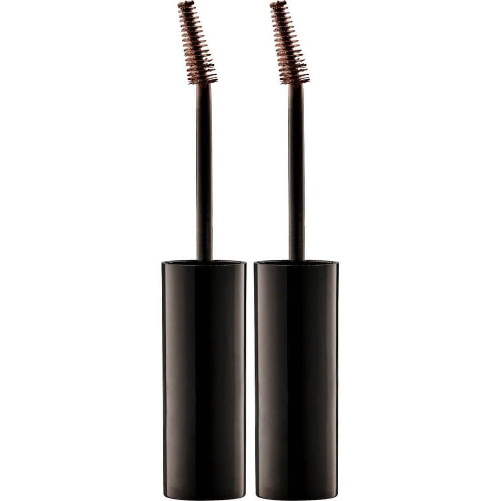 Deux applicateurs de mascara pour sourcils bruns avec des manches noirs.