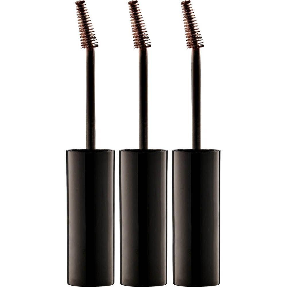 Trois brosses de mascara pour sourcils marron avec manches et contenants noirs.