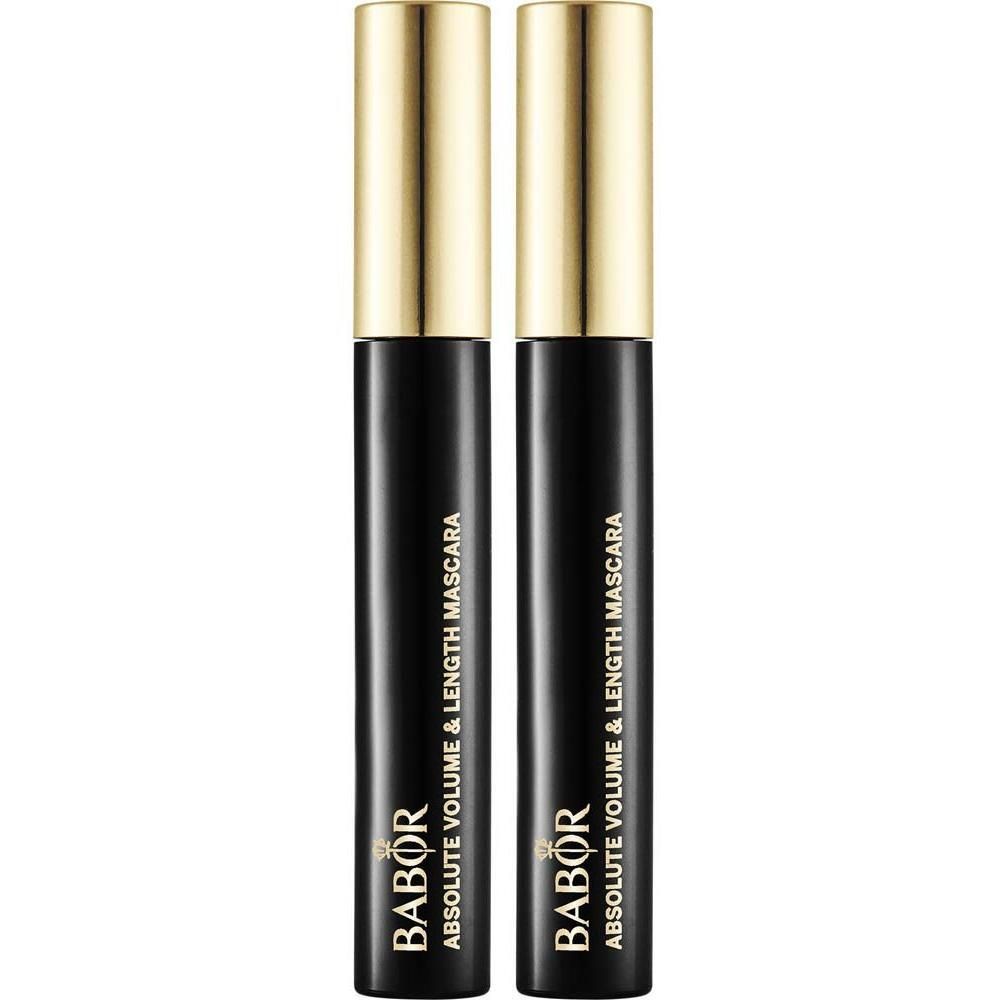 Twee zwarte mascara tubes met gouden doppen. Tekst: BABOR ABSOLUTE VOLUME & LENGTH MASCARA.