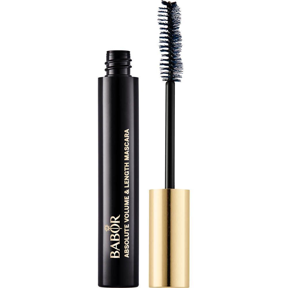 Tube de mascara noir avec manche doré et brosse déployée. Texte : BABOR ABSOLUTE VOLUME & LENGTH MASCARA.