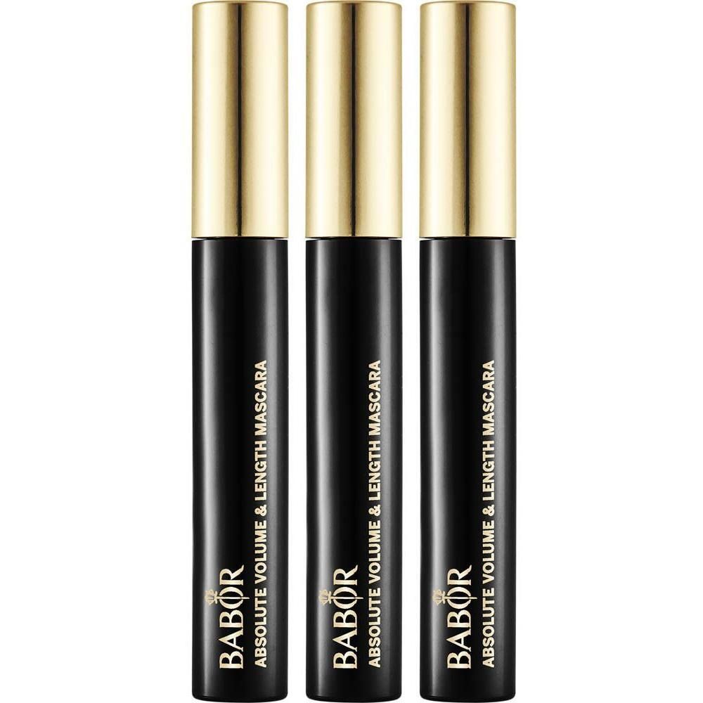 Trois flacons de mascara Babor Absolute Volume noirs avec capuchons dorés, alignés côte à côte.