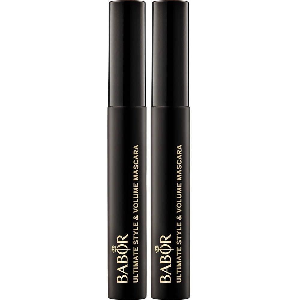 Deux tubes de mascara noirs avec logo doré et nom du produit.