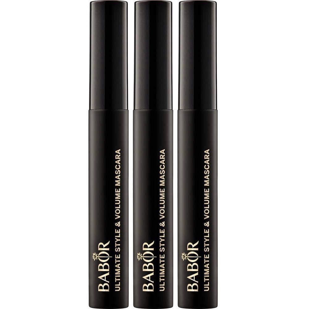 Trois tubes de mascara Babor noirs avec inscription dorée.