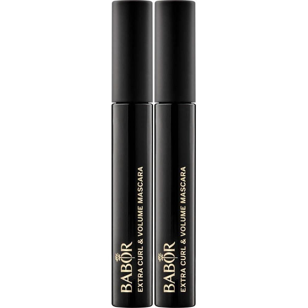 Deux flacons de mascara Babor Extra Curl & Volume noirs côte à côte.