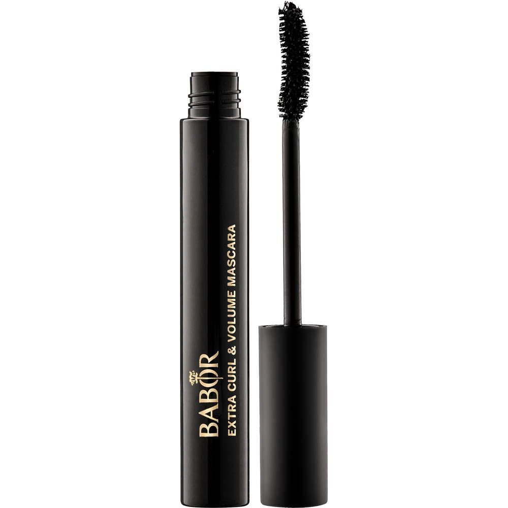 Un flacon de mascara Babor Extra Curl & Volume noir avec son capuchon ouvert et sa brosse.