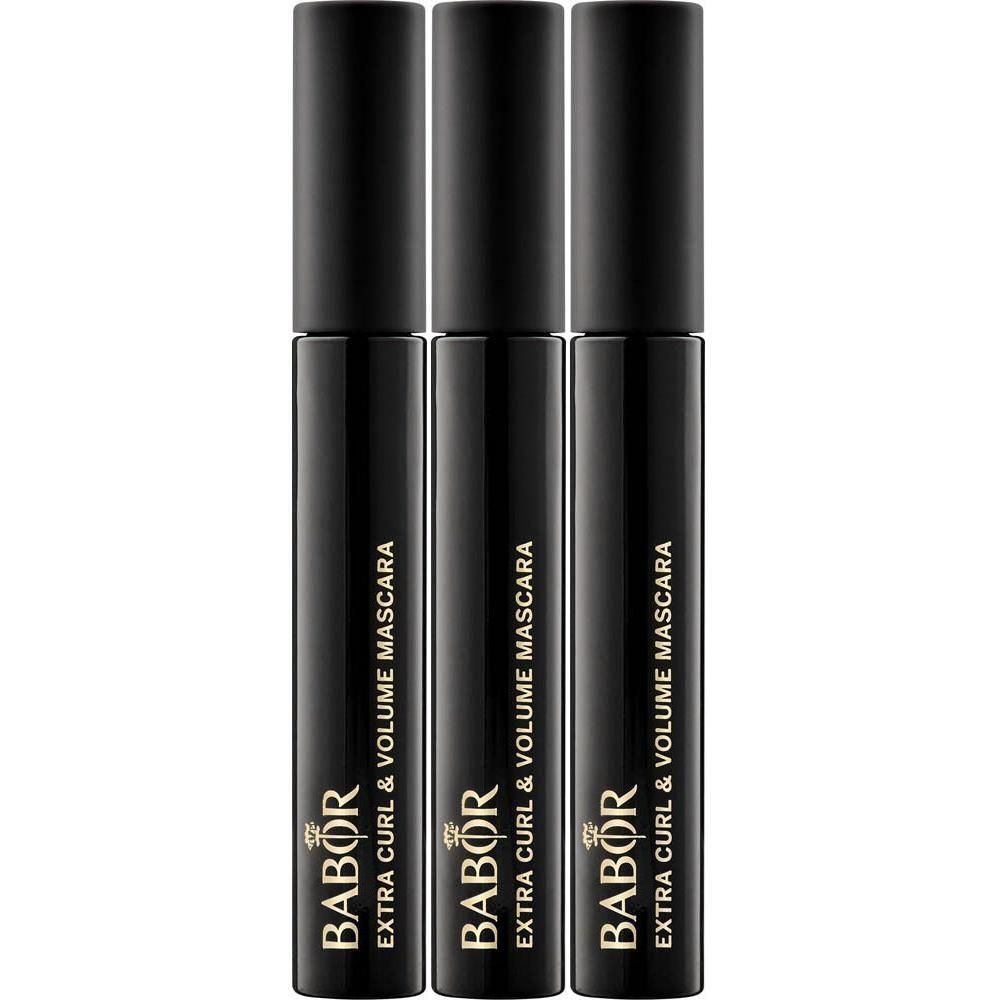Drie zwarte mascara tubes met gouden opschrift 'BABOR EXTRA CURL & VOLUME MASCARA'.