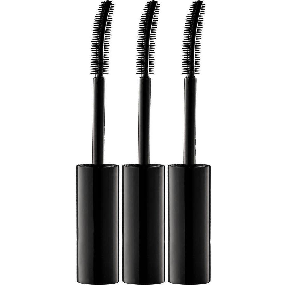 Drie zwarte mascara borsteltjes met handvatten en zwarte hulzen.
