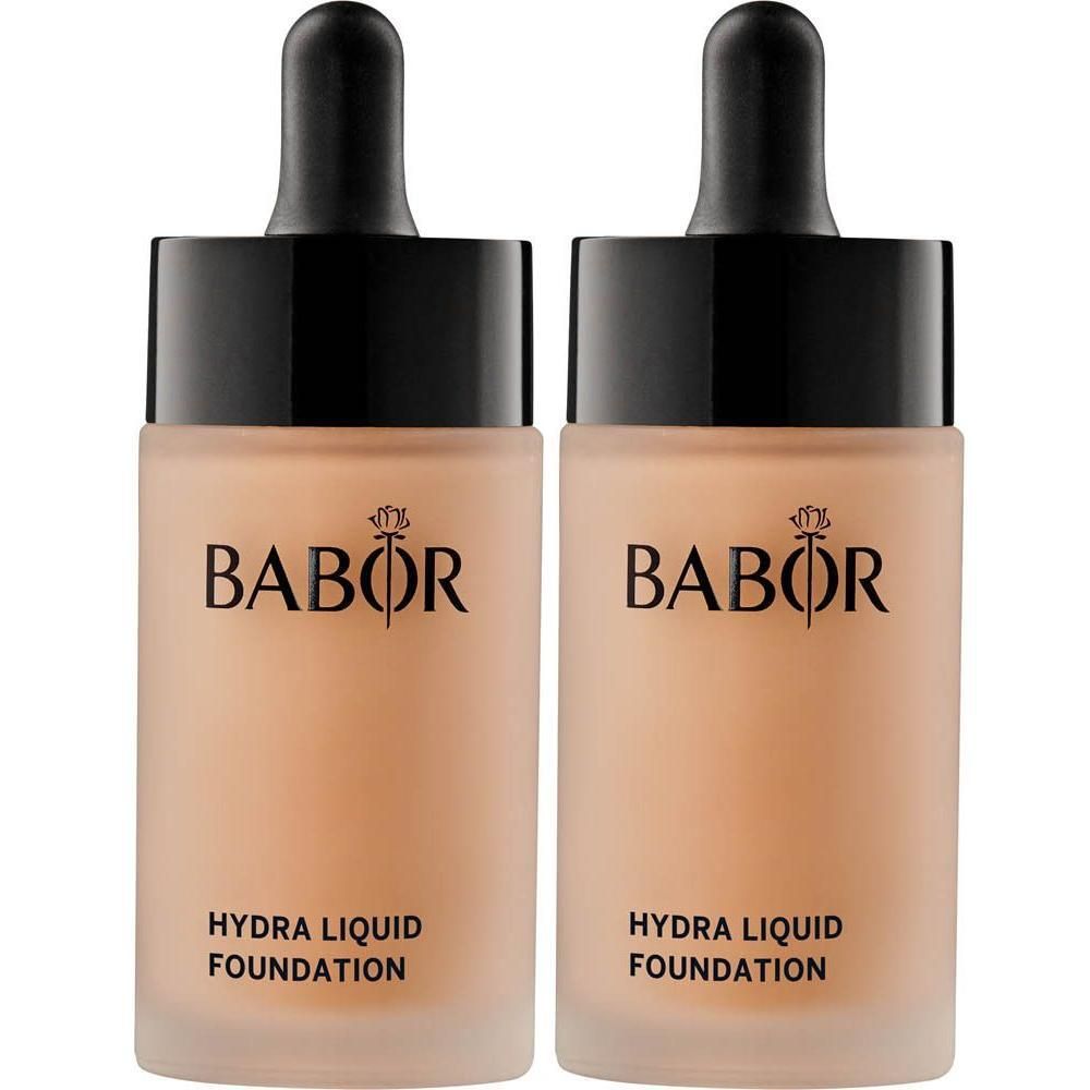 Twee Babor Hydra Liquid Foundation flesjes met druppelaar.