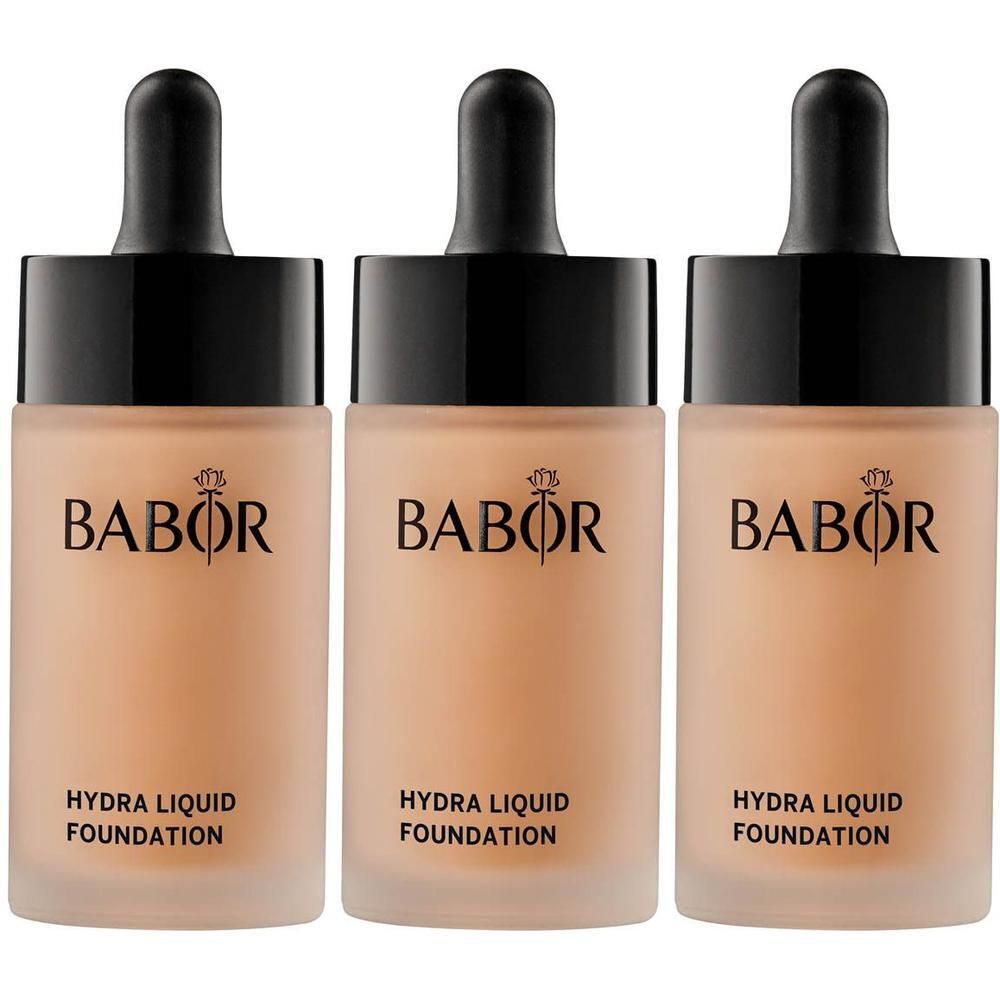 Drie Babor Hydra Liquid Foundation flesjes met druppeldop.