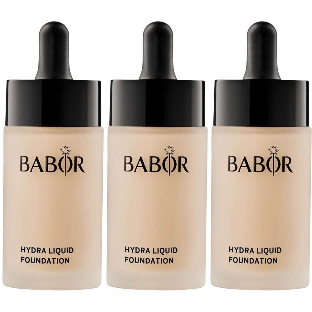 Drie Babor Hydra Liquid Foundation flesjes met druppeldop.