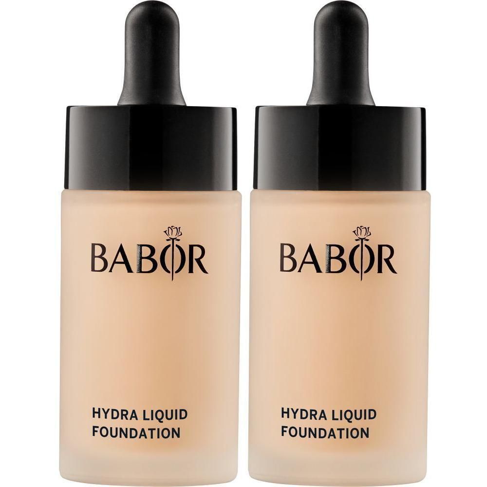 Twee Babor Hydra Liquid Foundation flesjes met druppeldop.