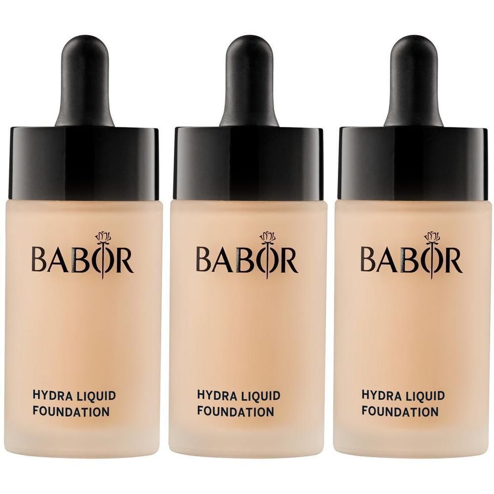 Drie Babor Hydra Liquid Foundation flacons in beige.
