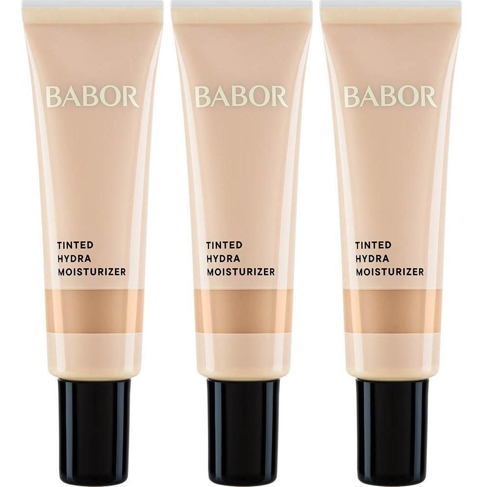 Drie BABOR Tinted Hydra Moisturizer tubes met zwarte dop.