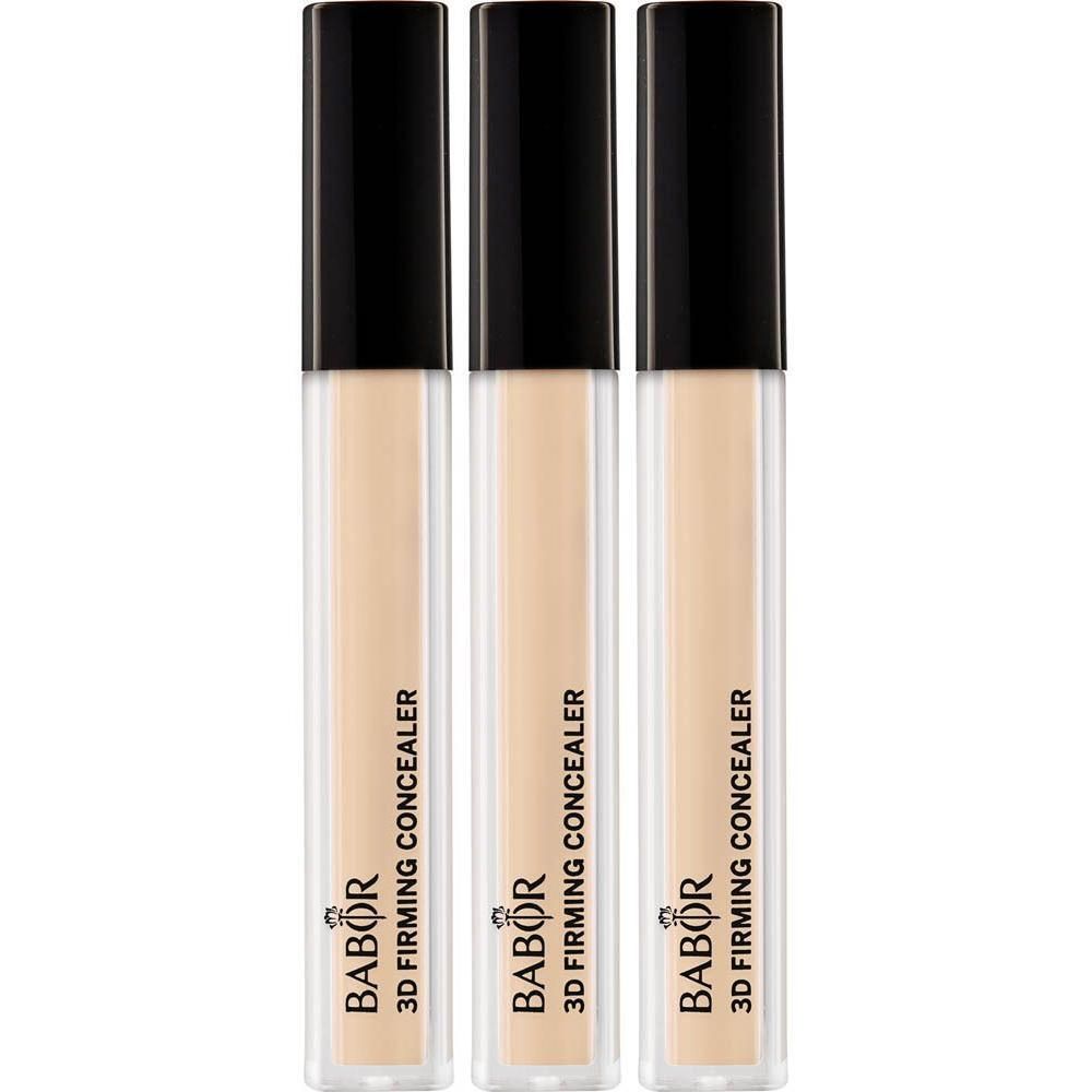 Trois Babor 3D Firming Concealer teinte 01 Porcelain avec capuchons noirs.