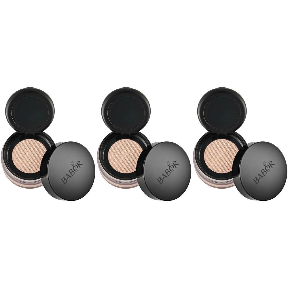 Drie Babor Mattifying Fixing Powder in ronde verpakking met zwart deksel.