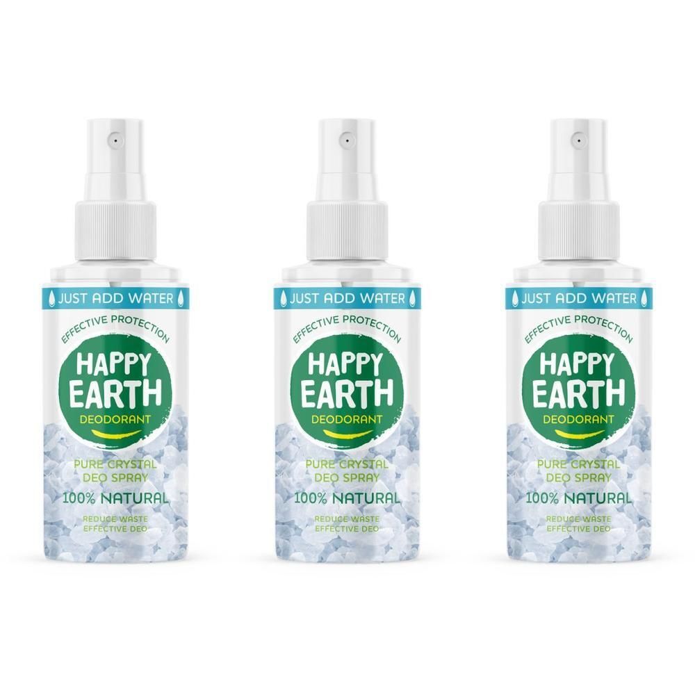 Drie flessen Happy Earth Deodorant Spray, 100% natuurlijk, pure kristallen.